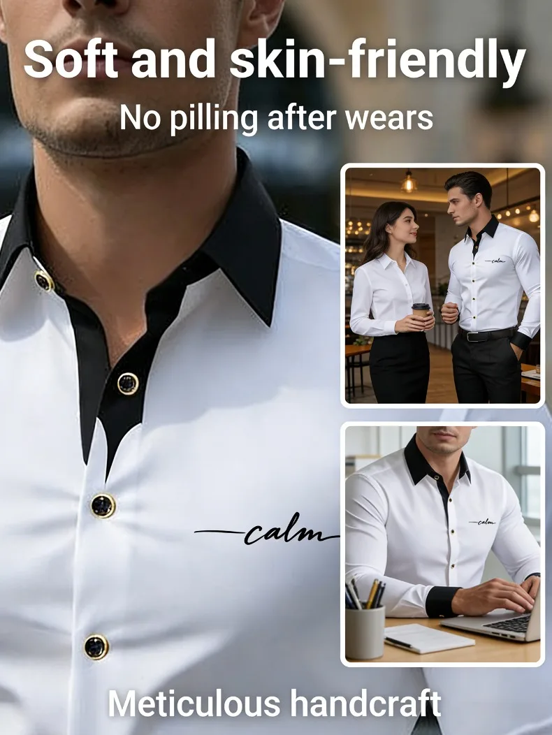 FGKKS Men Shirts Brand Fashion Printed Smart Casual Business Long Sleeve Patchwork Micro Elastic Male Dress White Shirt