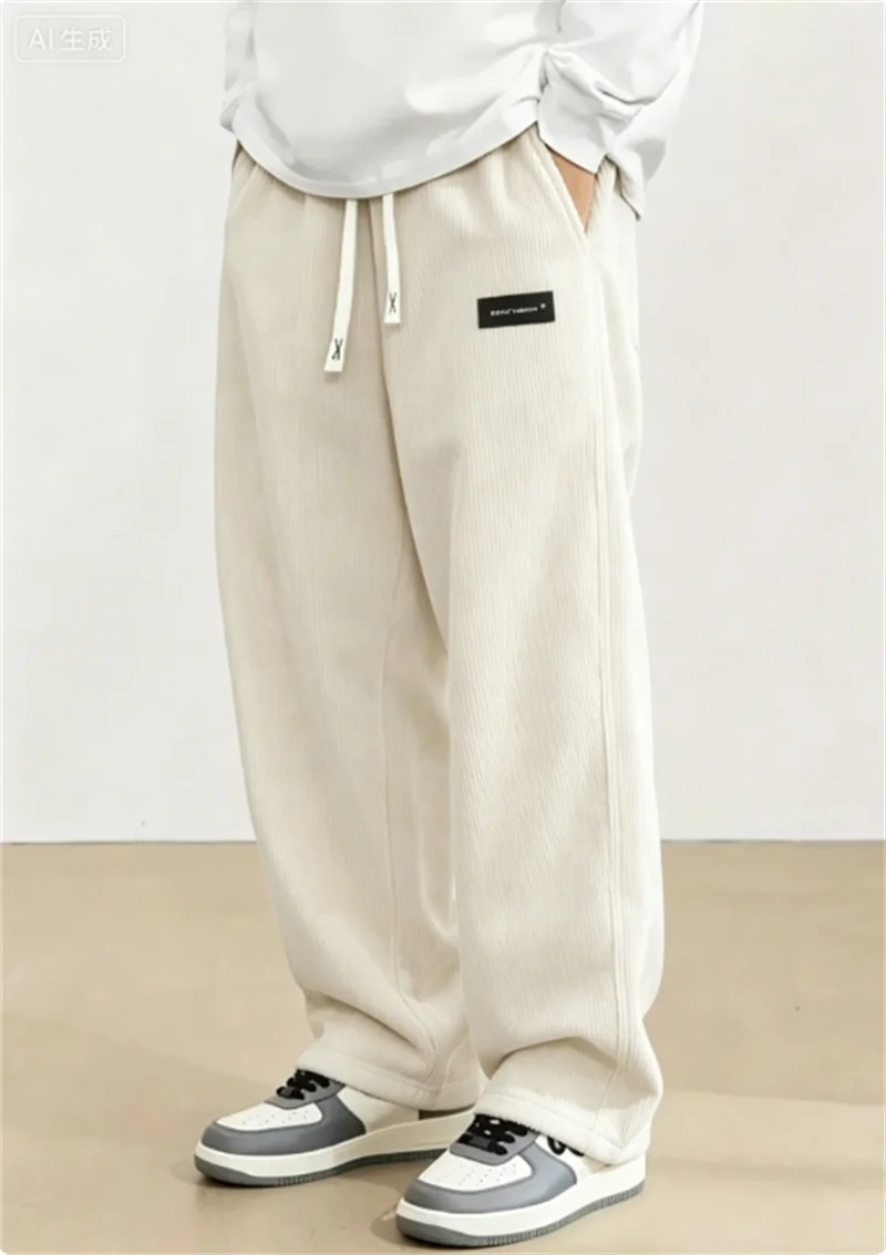 2026 Spring Autumn Men Casual Loose Drawstring Pants Fashion Sweatpants Solid-Color Corduroy Trousers Jogger Training Men Pants