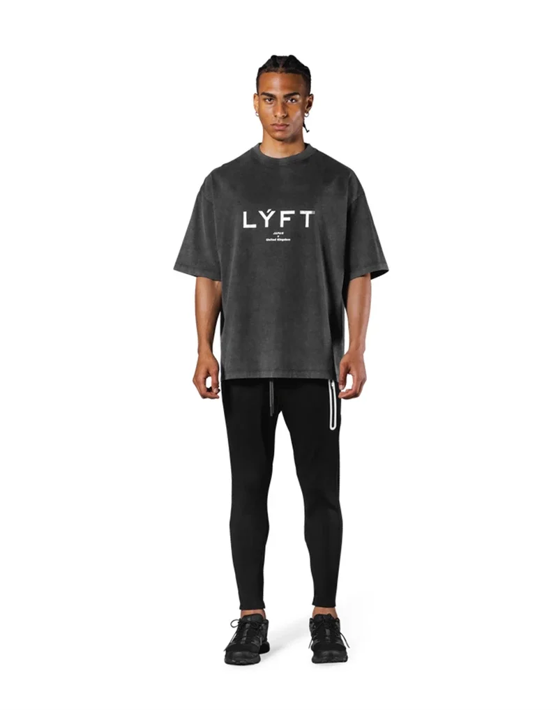 LYFT Washed Classical LOGO 230GSM Cotton Vintage BIG T-SHIRT Men's Oversized Muscle Sports Fitness Tee Tops Gym Training Shirts