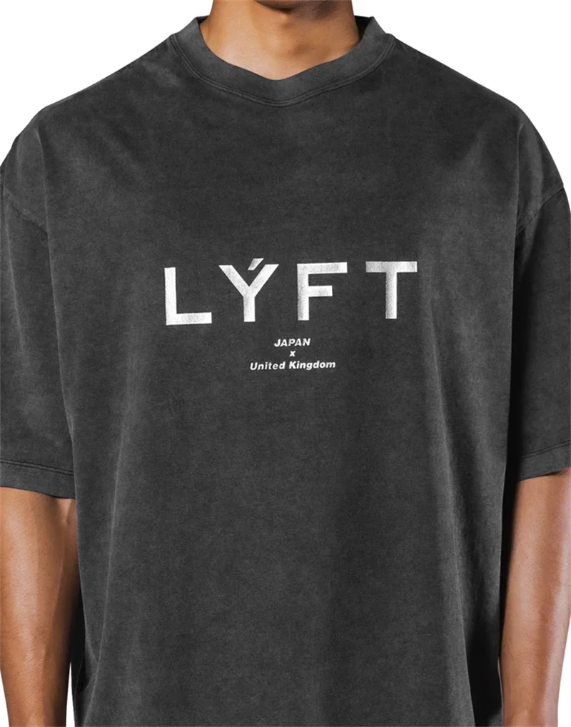 LYFT Washed Classical LOGO 230GSM Cotton Vintage BIG T-SHIRT Men's Oversized Muscle Sports Fitness Tee Tops Gym Training Shirts