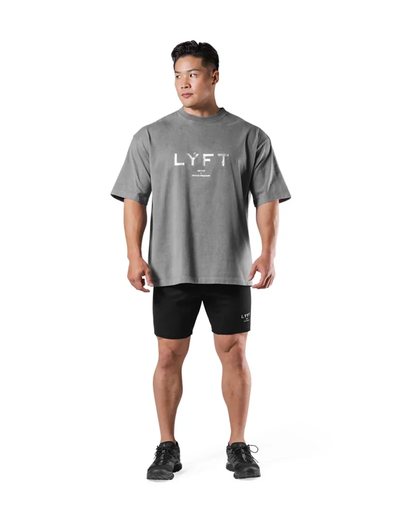 LYFT Washed Classical LOGO 230GSM Cotton Vintage BIG T-SHIRT Men's Oversized Muscle Sports Fitness Tee Tops Gym Training Shirts