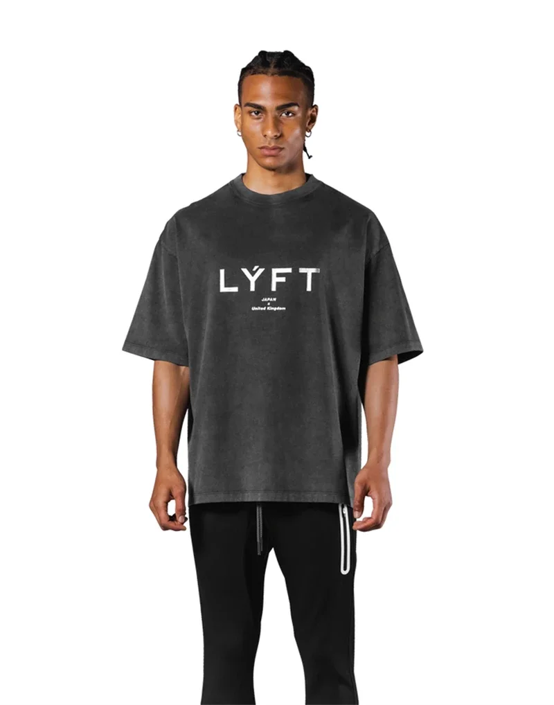 LYFT Washed Classical LOGO 230GSM Cotton Vintage BIG T-SHIRT Men's Oversized Muscle Sports Fitness Tee Tops Gym Training Shirts