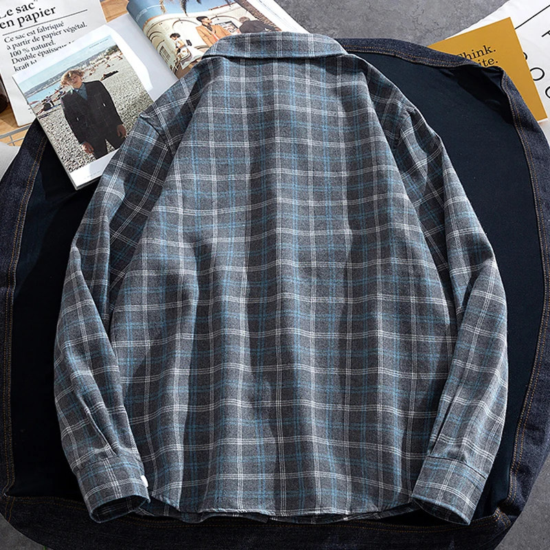 Men's Casual Plaid Shirts Autumn Fashion Long-sleeved T-shirts Korean Loose High Street Shirt Outwear Young Adults Spring Top