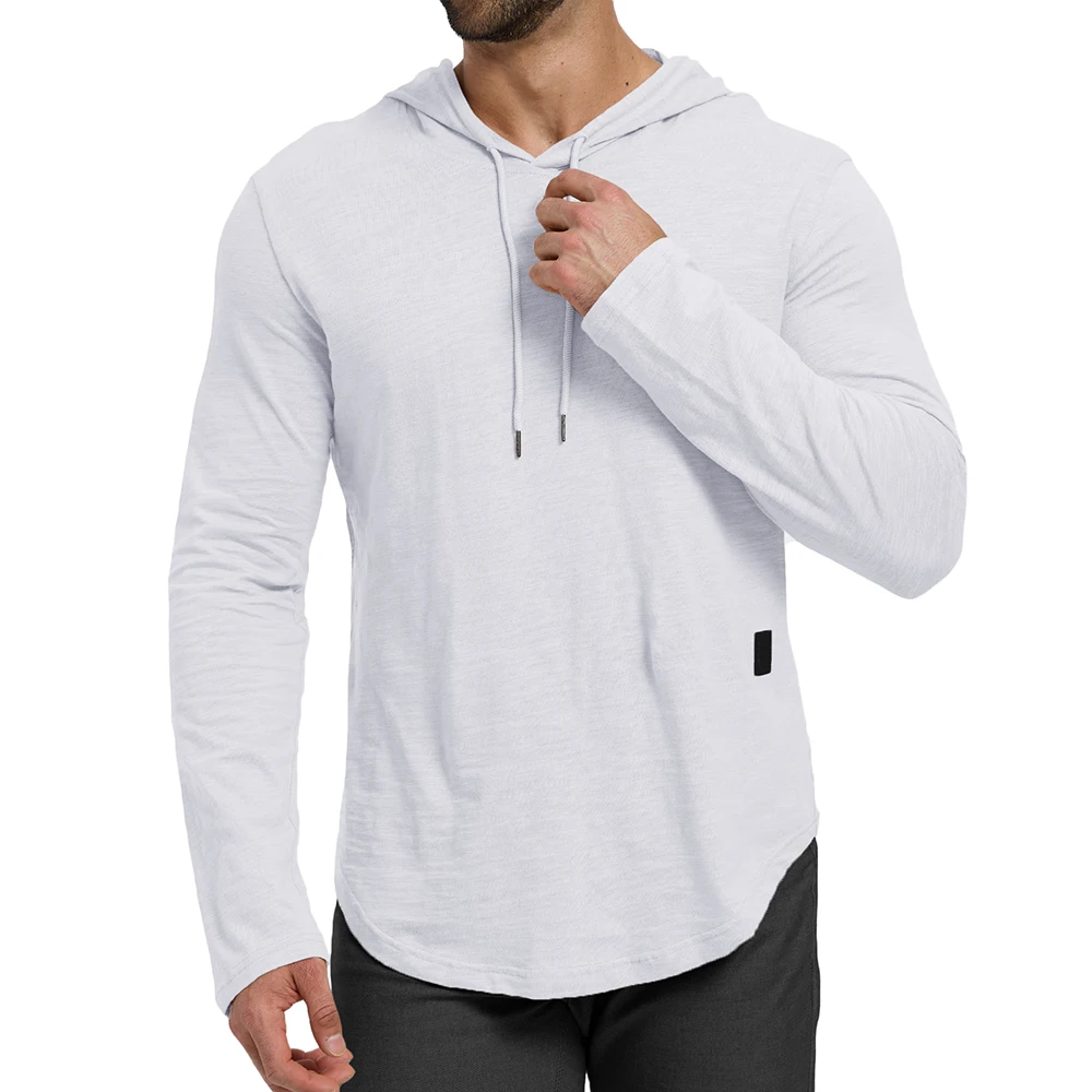 Men's Solid Color Long Sleeve T-shirt Hooded Design Fashion Breathable Tees Lightweight Drawstring Cozy Cotton Tops