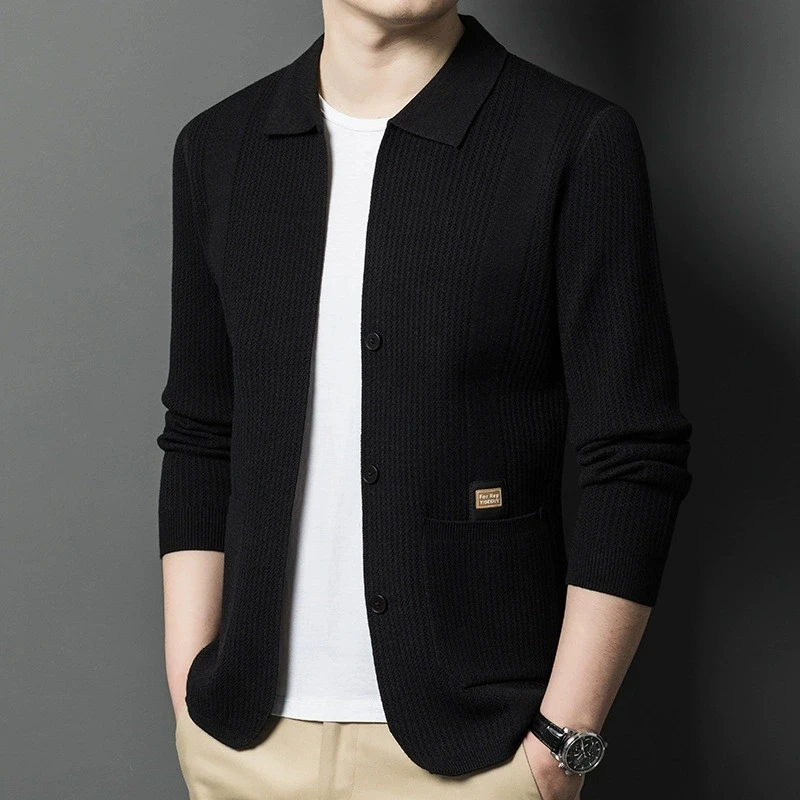 High-Quality Men's Knitted Cardigans Solid Color Simple Business Lapel Knitwear Coat Man Autumn New Long Sleeves Sweater Jacket