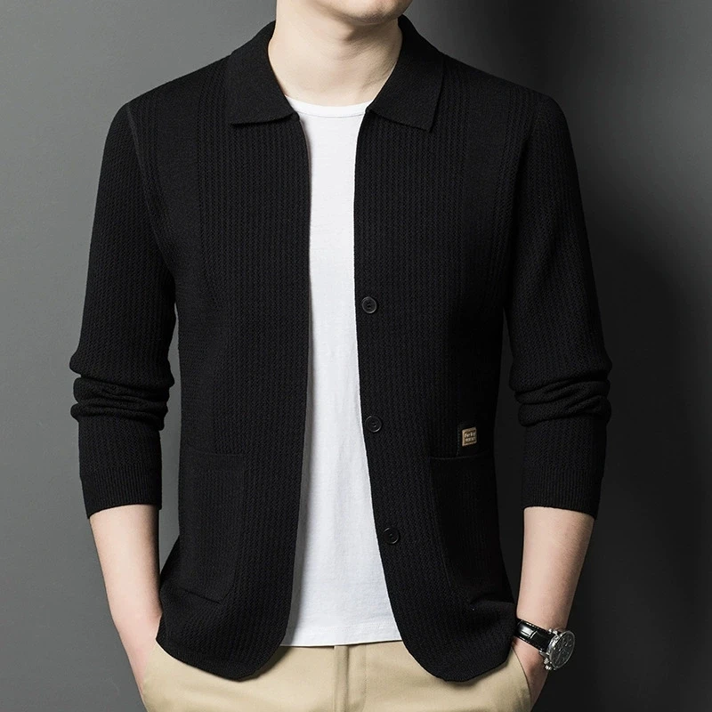 High-Quality Men's Knitted Cardigans Solid Color Simple Business Lapel Knitwear Coat Man Autumn New Long Sleeves Sweater Jacket