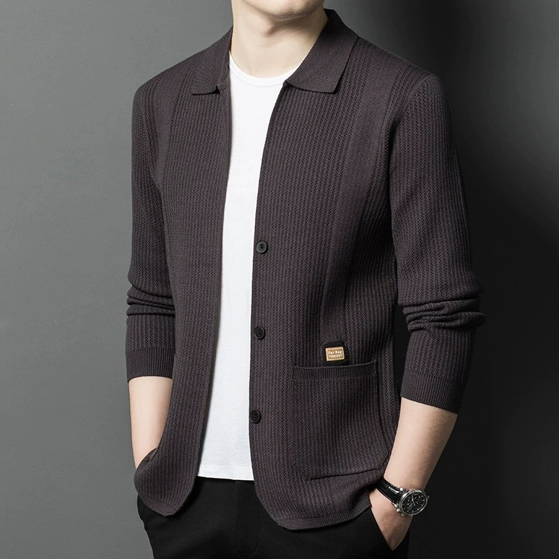High-Quality Men's Knitted Cardigans Solid Color Simple Business Lapel Knitwear Coat Man Autumn New Long Sleeves Sweater Jacket