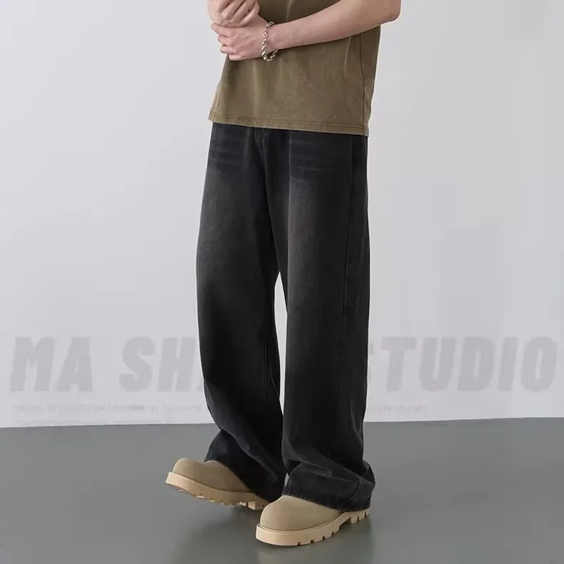 Spring Autumn Men's New Denim Pants Old Blue Washed Casual Jeans Menwear Loose New Fashion Contrasting Color Wide Leg Trousers