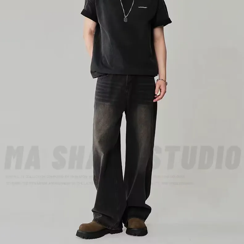 Spring Autumn Men's New Denim Pants Old Blue Washed Casual Jeans Menwear Loose New Fashion Contrasting Color Wide Leg Trousers