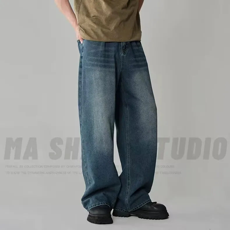 Spring Autumn Men's New Denim Pants Old Blue Washed Casual Jeans Menwear Loose New Fashion Contrasting Color Wide Leg Trousers