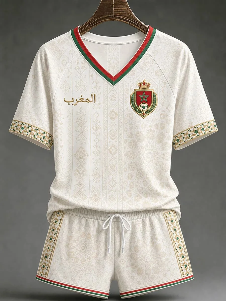 White Red Morocco 2026 Football Jersey Shorts Set Arabic Geometric Print V Neck Quick Dry Soccer Training Kit Male Supporters