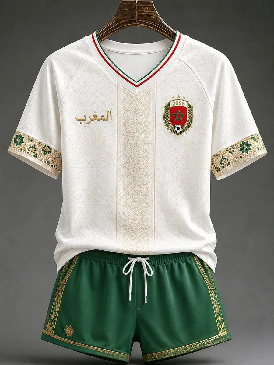 White Red Morocco 2026 Football Jersey Shorts Set Arabic Geometric Print V Neck Quick Dry Soccer Training Kit Male Supporters
