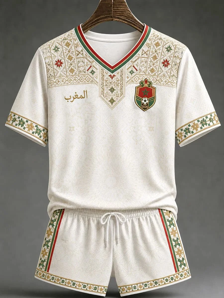 White Red Morocco 2026 Football Jersey Shorts Set Arabic Geometric Print V Neck Quick Dry Soccer Training Kit Male Supporters