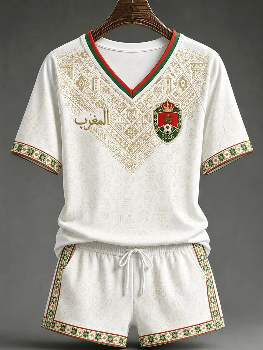 White Red Morocco 2026 Football Jersey Shorts Set Arabic Geometric Print V Neck Quick Dry Soccer Training Kit Male Supporters