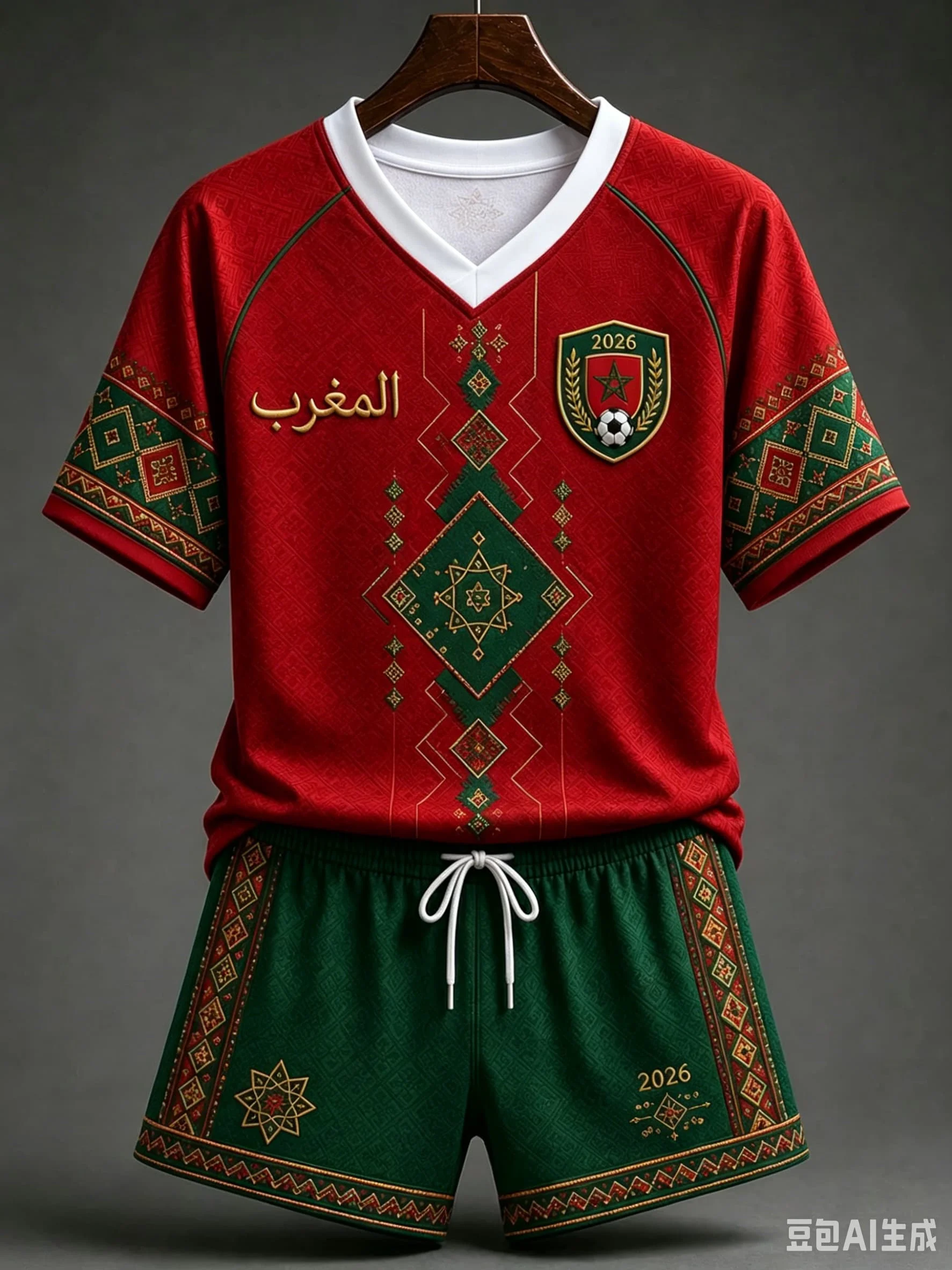 White Red Morocco 2026 Football Jersey Shorts Set Arabic Geometric Print V Neck Quick Dry Soccer Training Kit Male Supporters