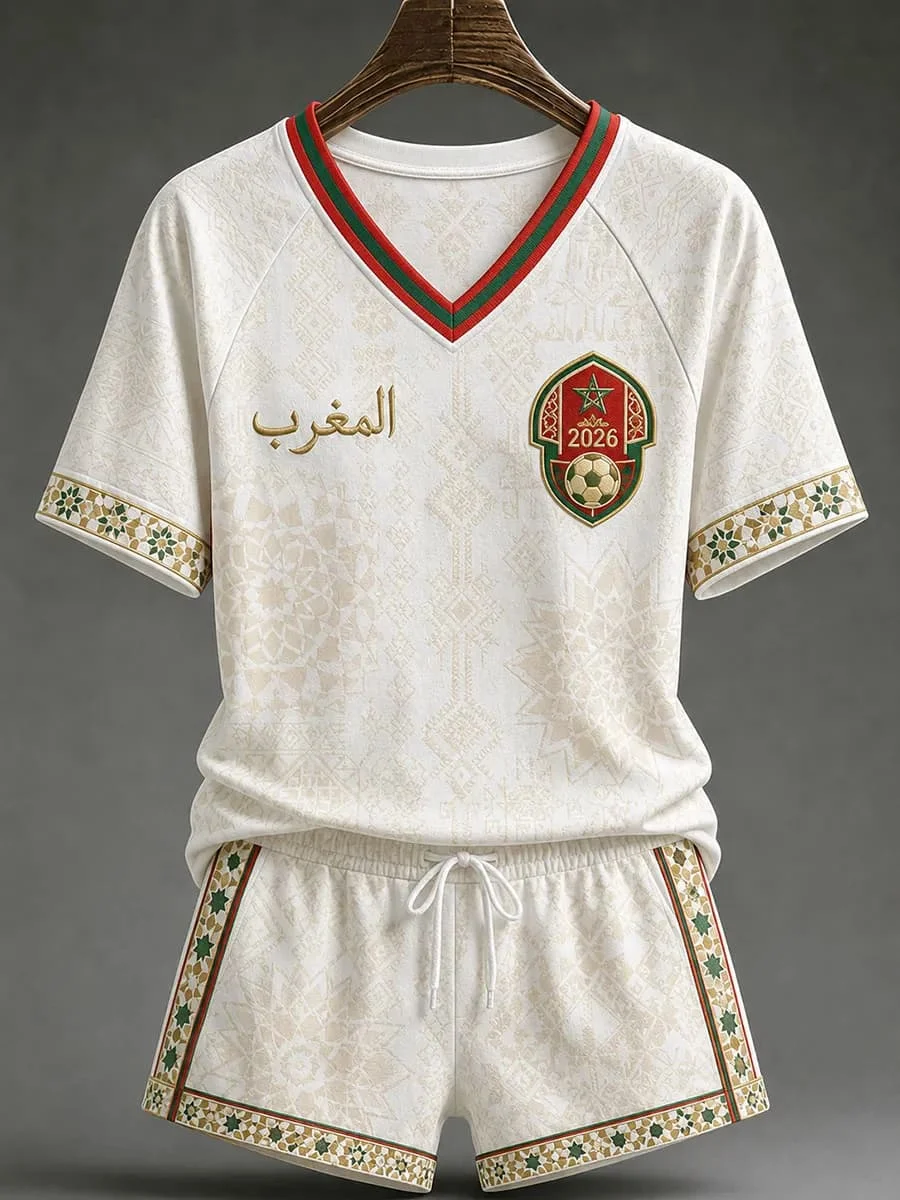 White Red Morocco 2026 Football Jersey Shorts Set Arabic Geometric Print V Neck Quick Dry Soccer Training Kit Male Supporters