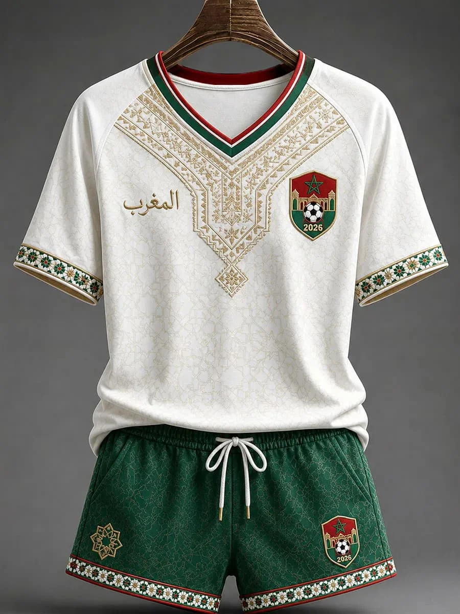 White Red Morocco 2026 Football Jersey Shorts Set Arabic Geometric Print V Neck Quick Dry Soccer Training Kit Male Supporters