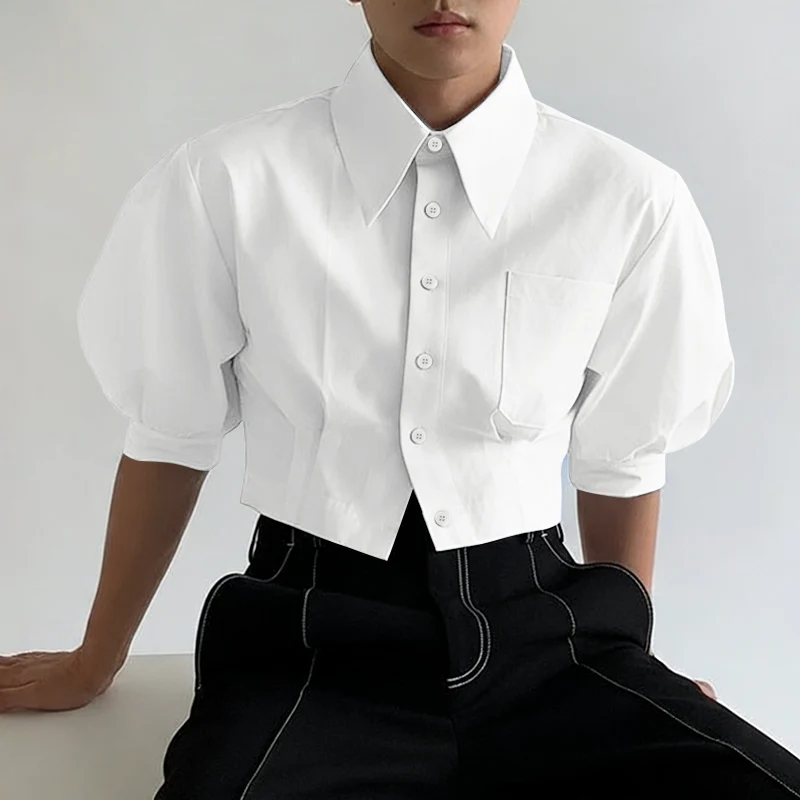 INCERUN Men's Shirt Solid Lapel Puff Short Sleeve Casual Crop Tops For Man Summer Loose 2026 Pockets Fashion Men Clothes Camisa