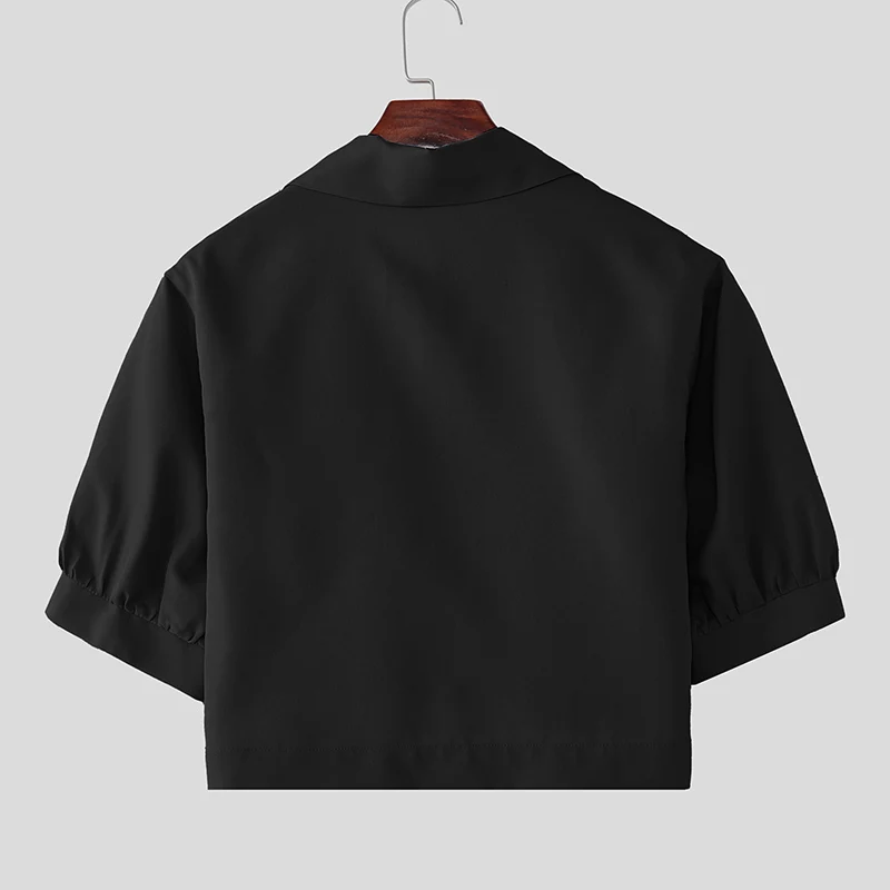 INCERUN Men's Shirt Solid Lapel Puff Short Sleeve Casual Crop Tops For Man Summer Loose 2026 Pockets Fashion Men Clothes Camisa