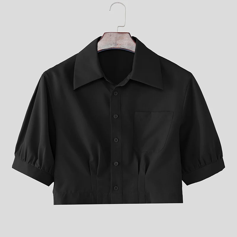 INCERUN Men's Shirt Solid Lapel Puff Short Sleeve Casual Crop Tops For Man Summer Loose 2026 Pockets Fashion Men Clothes Camisa