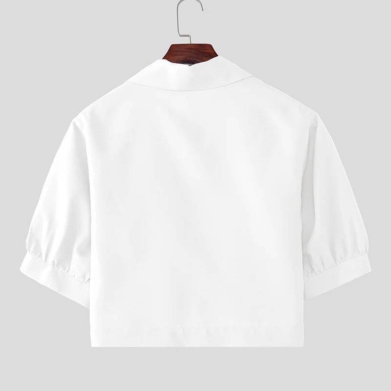 INCERUN Men's Shirt Solid Lapel Puff Short Sleeve Casual Crop Tops For Man Summer Loose 2026 Pockets Fashion Men Clothes Camisa