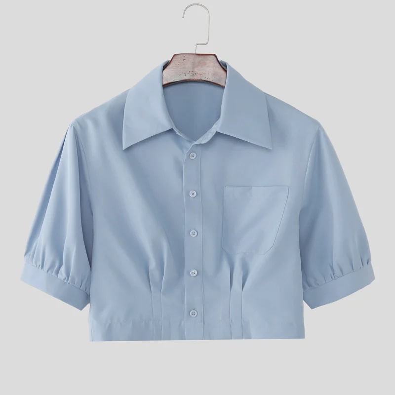 INCERUN Men's Shirt Solid Lapel Puff Short Sleeve Casual Crop Tops For Man Summer Loose 2026 Pockets Fashion Men Clothes Camisa
