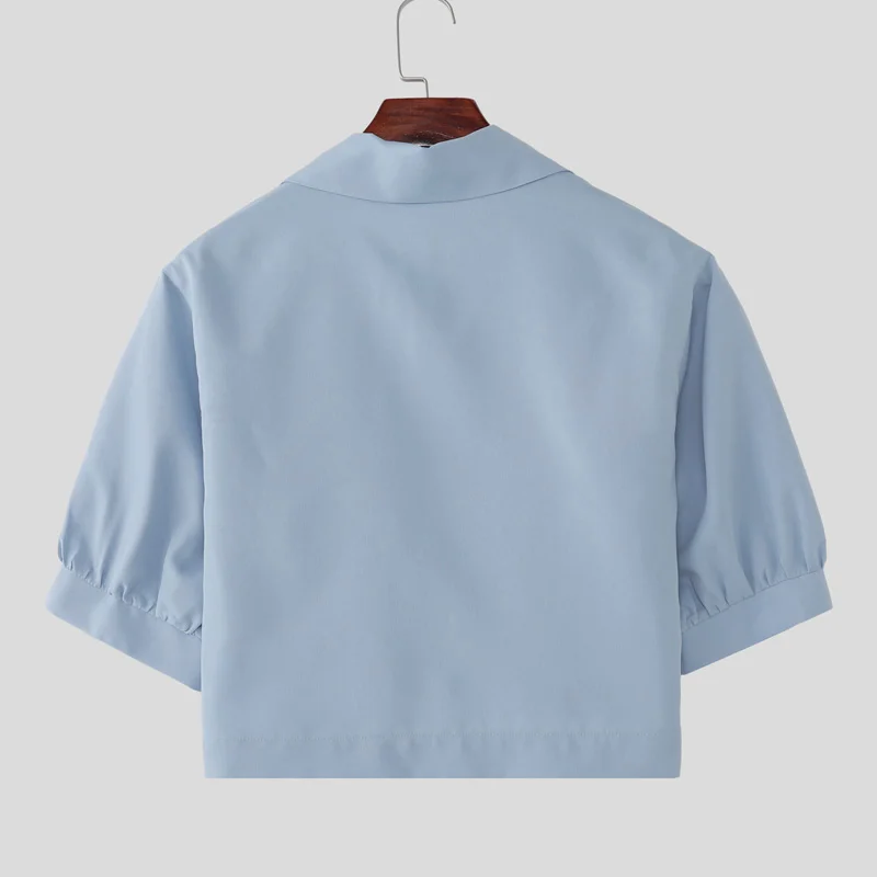 INCERUN Men's Shirt Solid Lapel Puff Short Sleeve Casual Crop Tops For Man Summer Loose 2026 Pockets Fashion Men Clothes Camisa