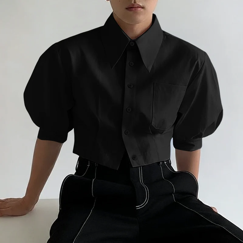 INCERUN Men's Shirt Solid Lapel Puff Short Sleeve Casual Crop Tops For Man Summer Loose 2026 Pockets Fashion Men Clothes Camisa