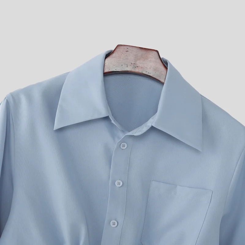 INCERUN Men's Shirt Solid Lapel Puff Short Sleeve Casual Crop Tops For Man Summer Loose 2026 Pockets Fashion Men Clothes Camisa