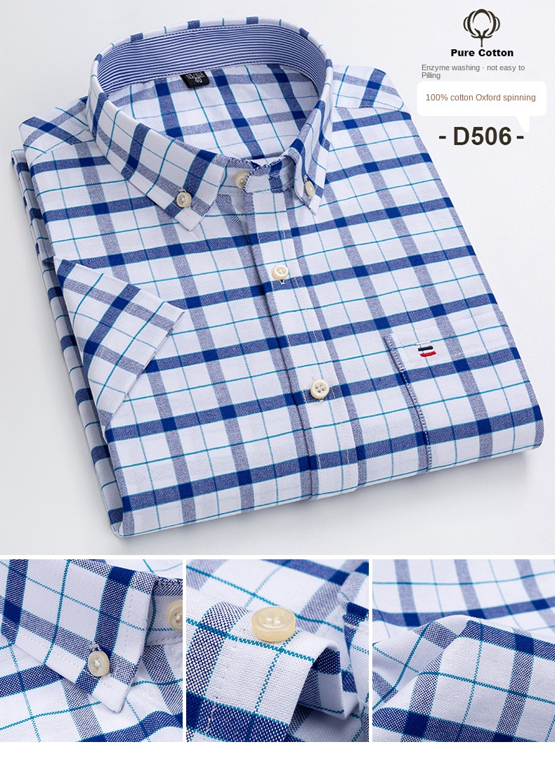 100% Cotton Men Oxford Shirt Short Sleeve Summer Plaid Striped Male Clothes Business Regular Fit Dress Shirt Oversized 7XL 6XL