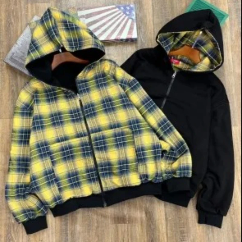 Autumn winter loose cardigan jacket sweater jacket streetwear retro double-sided square zipper hoodie fashionable men and women