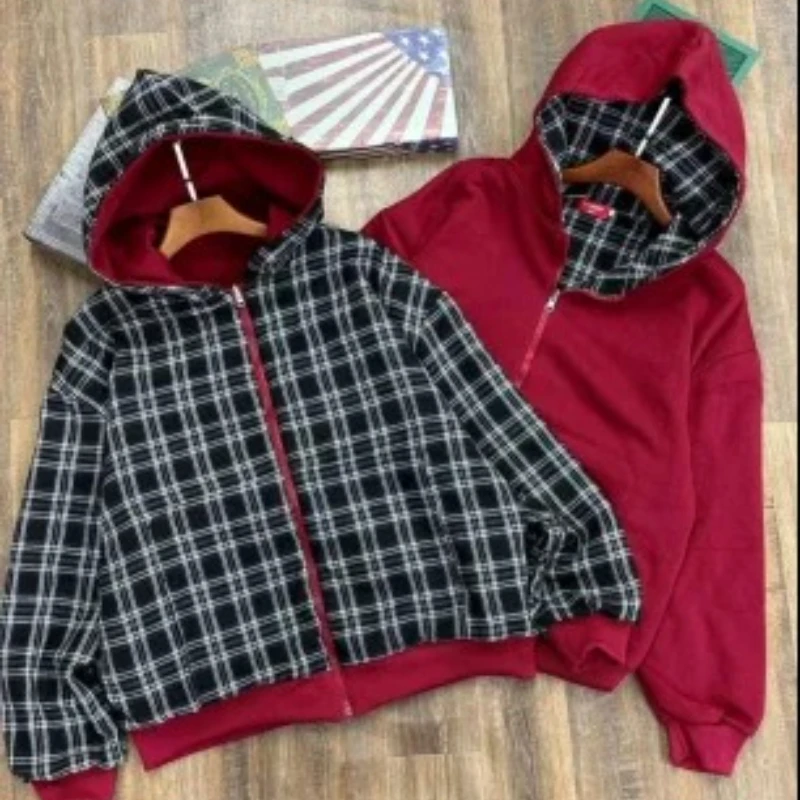 Autumn winter loose cardigan jacket sweater jacket streetwear retro double-sided square zipper hoodie fashionable men and women