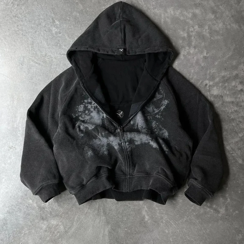 Autumn winter loose cardigan jacket sweater jacket streetwear retro double-sided square zipper hoodie fashionable men and women