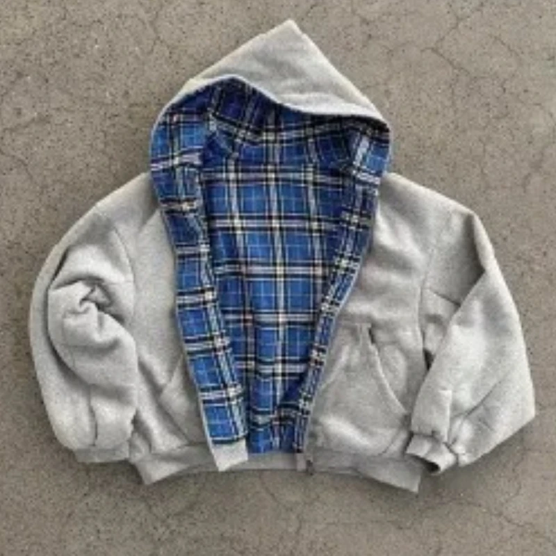 Autumn winter loose cardigan jacket sweater jacket streetwear retro double-sided square zipper hoodie fashionable men and women