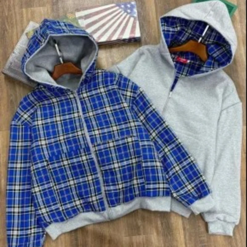 Autumn winter loose cardigan jacket sweater jacket streetwear retro double-sided square zipper hoodie fashionable men and women