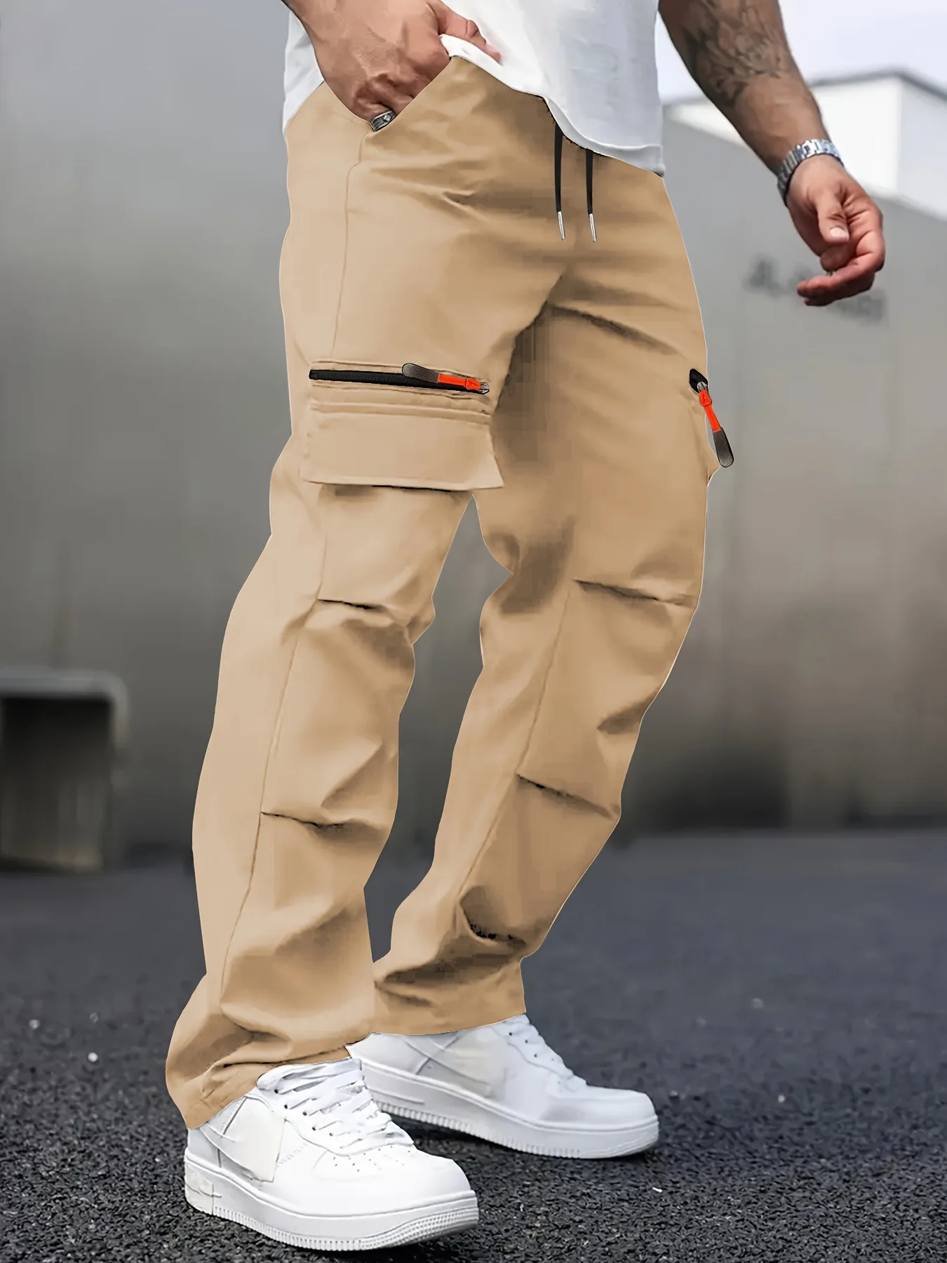 Men's Casual Cargo Pants with Multiple Pockets - Straight Leg, Loose Fit,, Zipper Details, Perfect for Spring and Fall