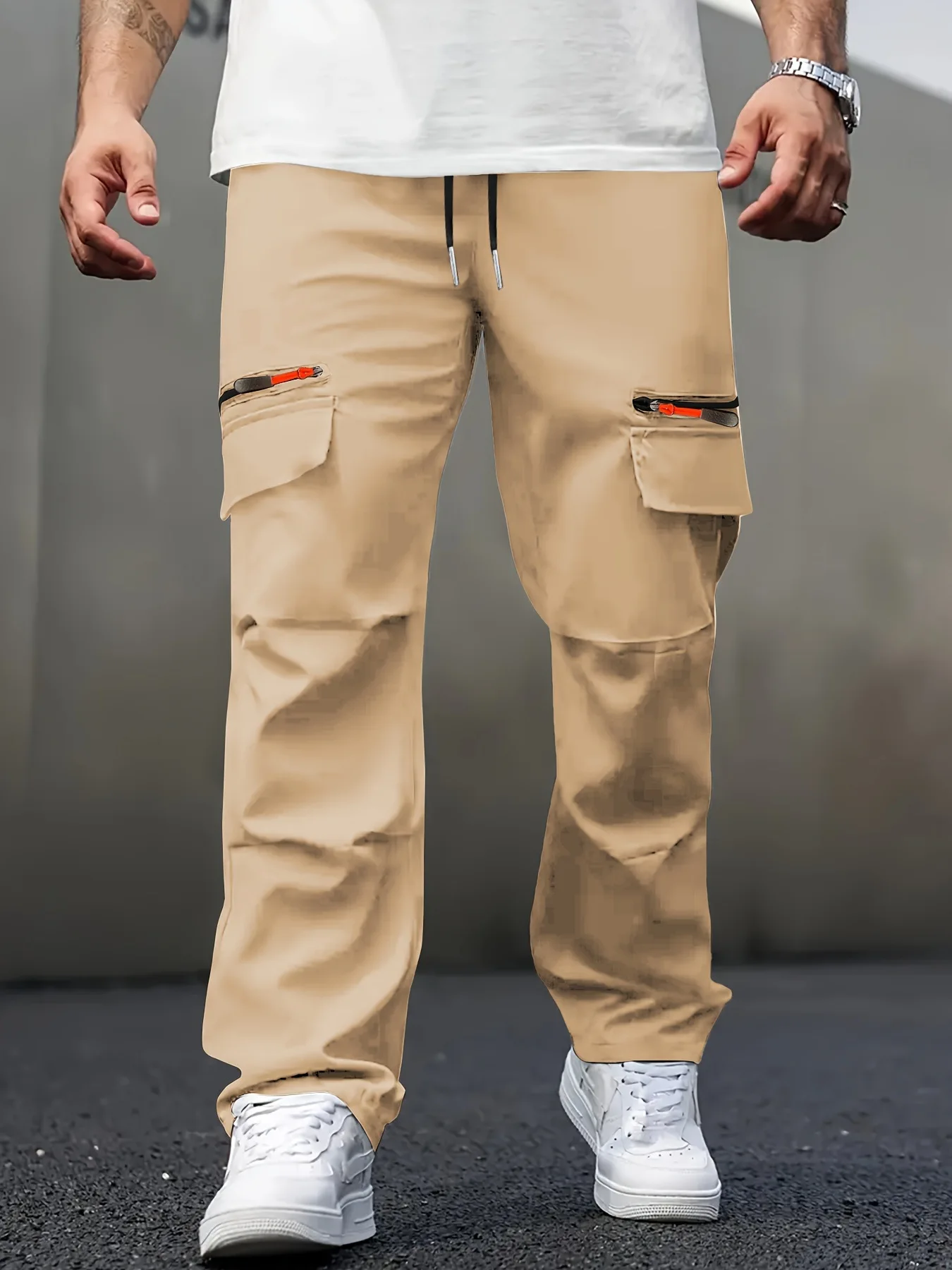 Men's Casual Cargo Pants with Multiple Pockets - Straight Leg, Loose Fit,, Zipper Details, Perfect for Spring and Fall
