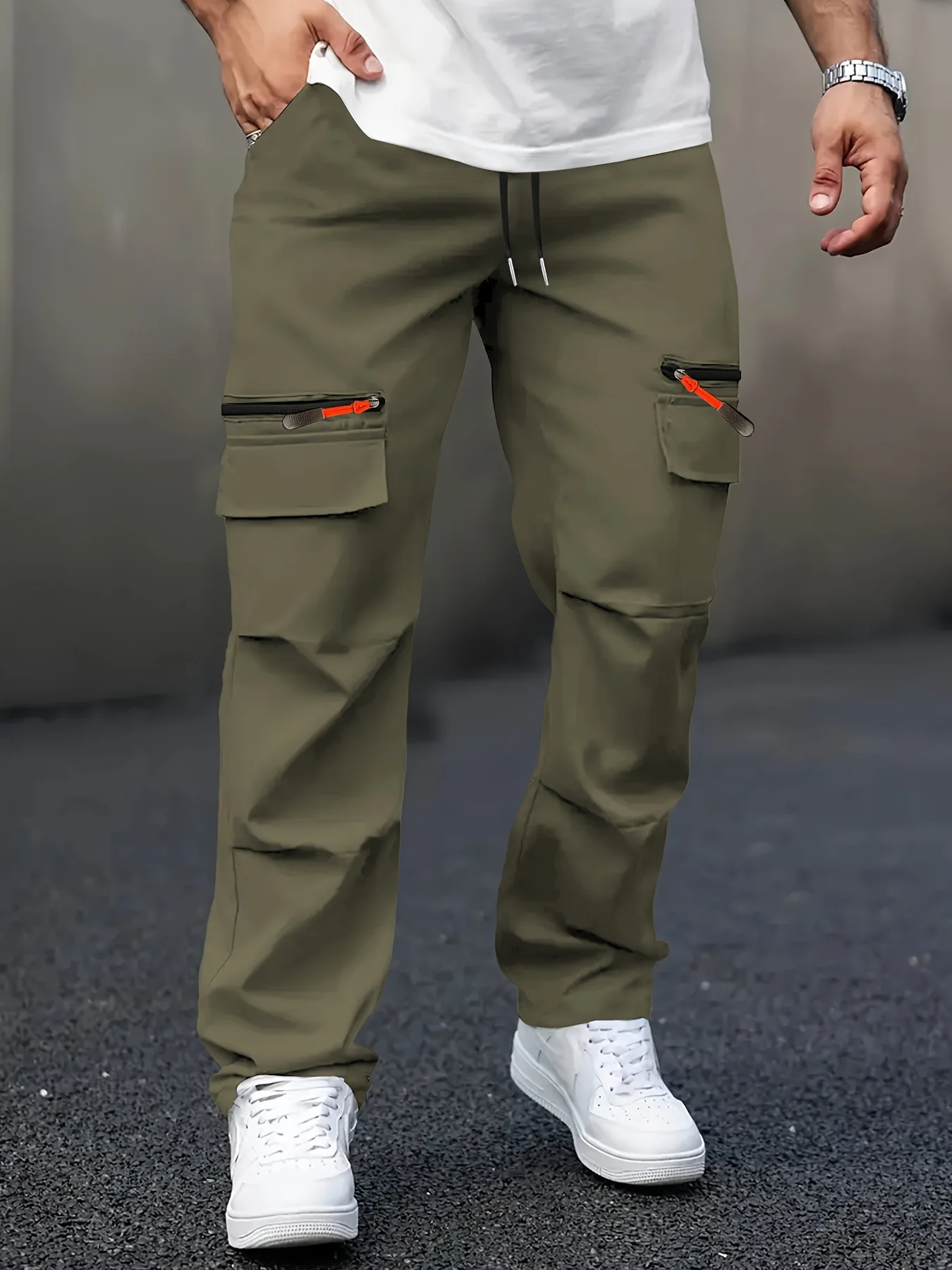 Men's Casual Cargo Pants with Multiple Pockets - Straight Leg, Loose Fit,, Zipper Details, Perfect for Spring and Fall