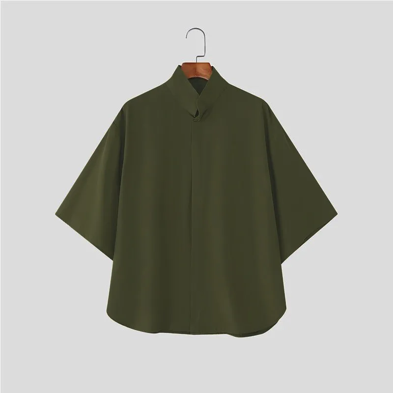Japanese Style Men Stand Collar Half Sleeve Shirt Loose Oversized Solid Color Hidden Button Casual Blouse Lightweight Streetwear