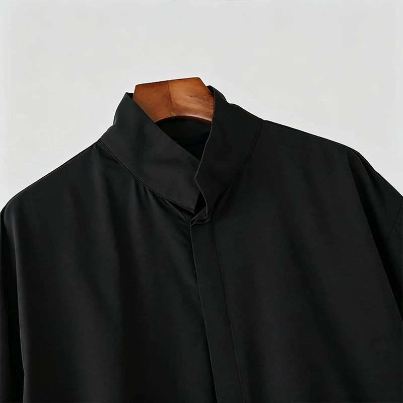 Japanese Style Men Stand Collar Half Sleeve Shirt Loose Oversized Solid Color Hidden Button Casual Blouse Lightweight Streetwear