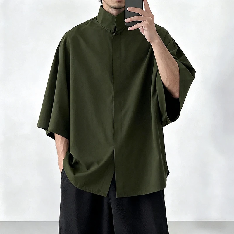 Japanese Style Men Stand Collar Half Sleeve Shirt Loose Oversized Solid Color Hidden Button Casual Blouse Lightweight Streetwear