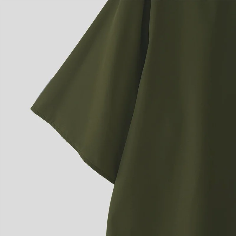 Japanese Style Men Stand Collar Half Sleeve Shirt Loose Oversized Solid Color Hidden Button Casual Blouse Lightweight Streetwear
