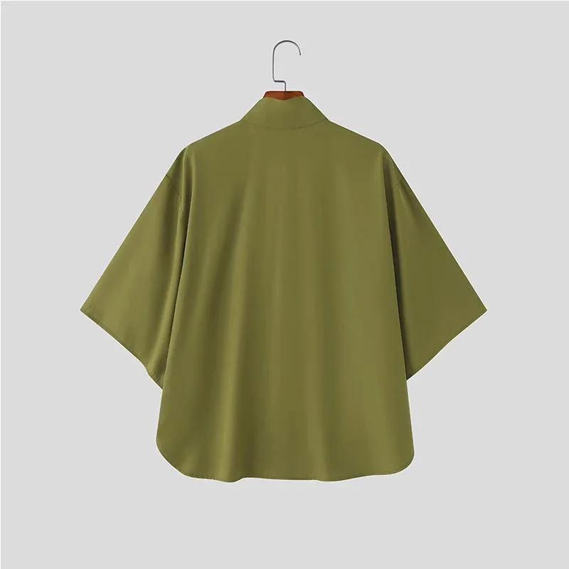 Japanese Style Men Stand Collar Half Sleeve Shirt Loose Oversized Solid Color Hidden Button Casual Blouse Lightweight Streetwear