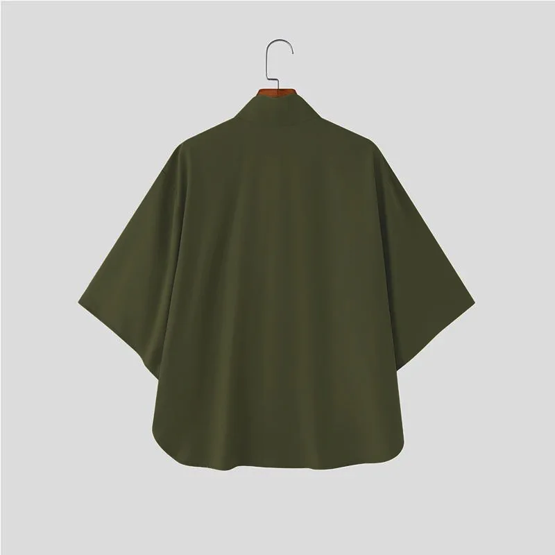 Japanese Style Men Stand Collar Half Sleeve Shirt Loose Oversized Solid Color Hidden Button Casual Blouse Lightweight Streetwear