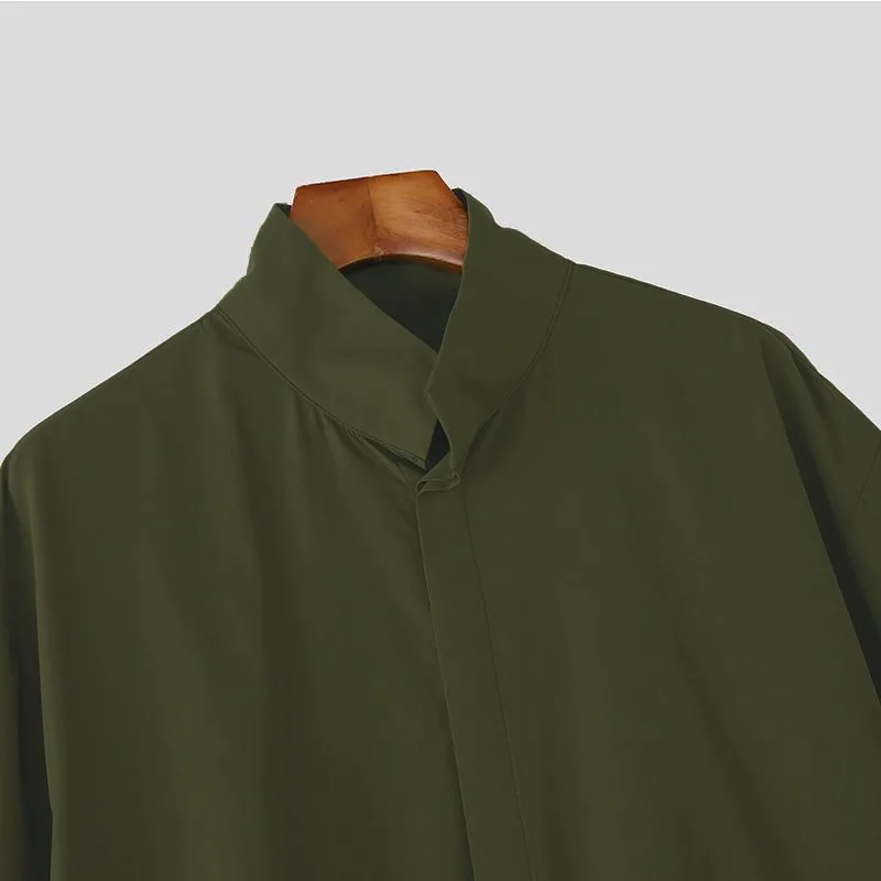 Japanese Style Men Stand Collar Half Sleeve Shirt Loose Oversized Solid Color Hidden Button Casual Blouse Lightweight Streetwear