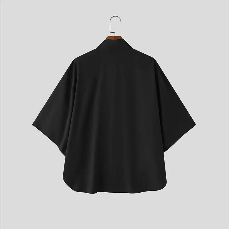 Japanese Style Men Stand Collar Half Sleeve Shirt Loose Oversized Solid Color Hidden Button Casual Blouse Lightweight Streetwear