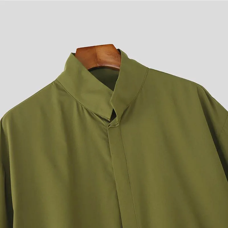 Japanese Style Men Stand Collar Half Sleeve Shirt Loose Oversized Solid Color Hidden Button Casual Blouse Lightweight Streetwear