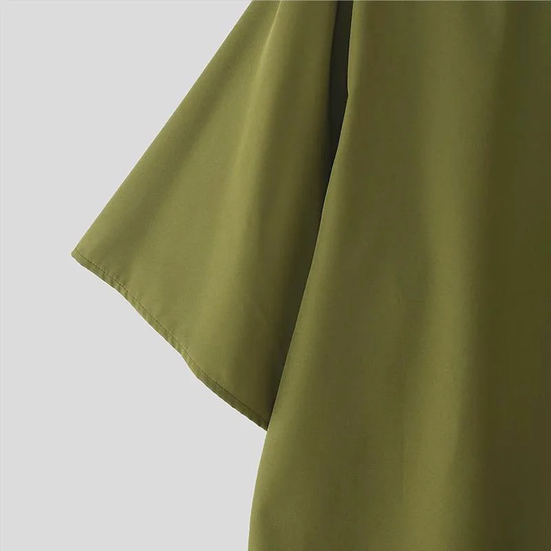 Japanese Style Men Stand Collar Half Sleeve Shirt Loose Oversized Solid Color Hidden Button Casual Blouse Lightweight Streetwear