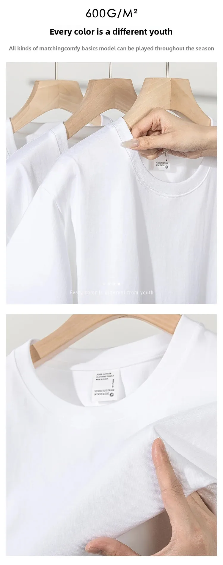 2026 Summer 600G Heavyweight Khaki Cotton T-shirt for Men's Minimalist Style Loose Casual Short Sleeved Top Base Shirt