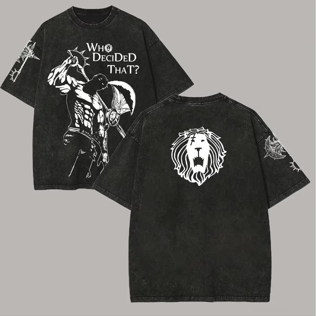 Japanese Anime The Seven Deadly Sins Escanor Graphic Print Vintage Washed T-Shirt, Unisex Retro Loose Harajuku Y2K Cotton Summer